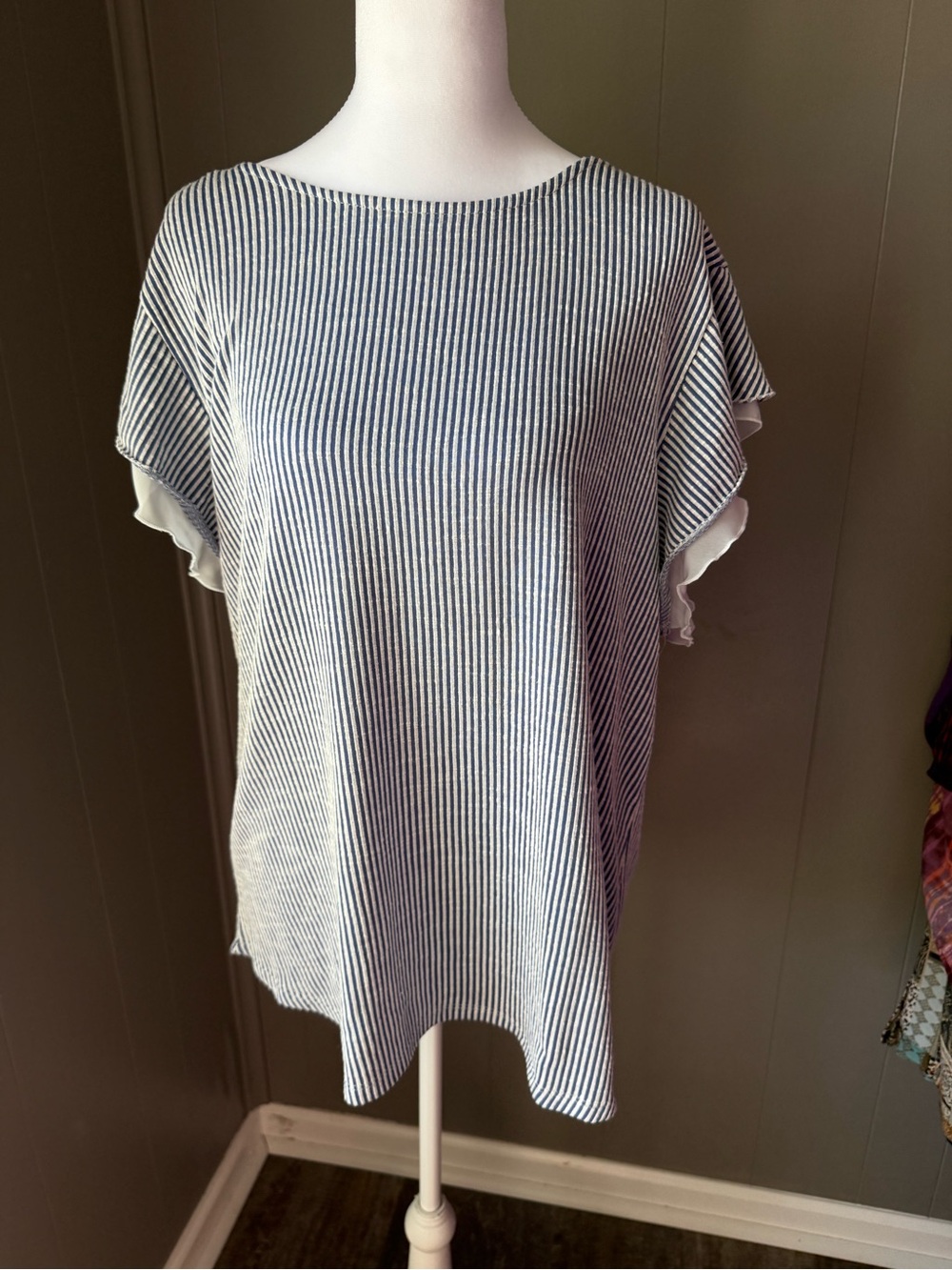 Striped Navy and White Flutter Sleeve Blouse